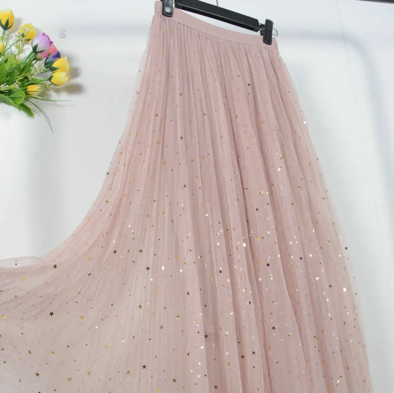 VITIANA Women Casual Lace Pleated Skirts New 2019 Spring Summer Female Chiffon High Waist Black Stars Sweet Pleated long Skirt VITIANA Women Casual Lace Pleated Skirts New 2019 Spring Summer Female Chiffon High Waist Black Stars Sweet Pleated long Skirt