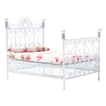 

1:12 Metal Double Bed with Flower Printed Mattress Dollhouse Miniature Furniture Bedroom Accessory (White)