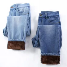 Повседневные джинсовые штаны для женщин уличная одежда размера плюс осень зима толстые теплые с высокой талией джинсовые прямые брюки женские A612