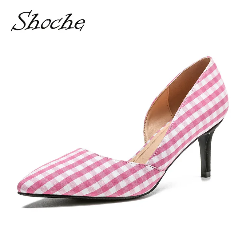 

Shoche Pink Plaid Ladies Shoes Summer Sweet High Heels Women Casual Shallow Pumps Blue Black Pointed Toe Elegant Shoes