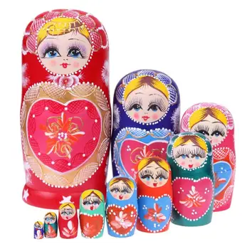 

10pcs/lot Heart Shape Girls Wooden Matryoshka Doll Russian Nesting Dolls Best Wishes Kids Xmas New Year Gift Handmade Crafts