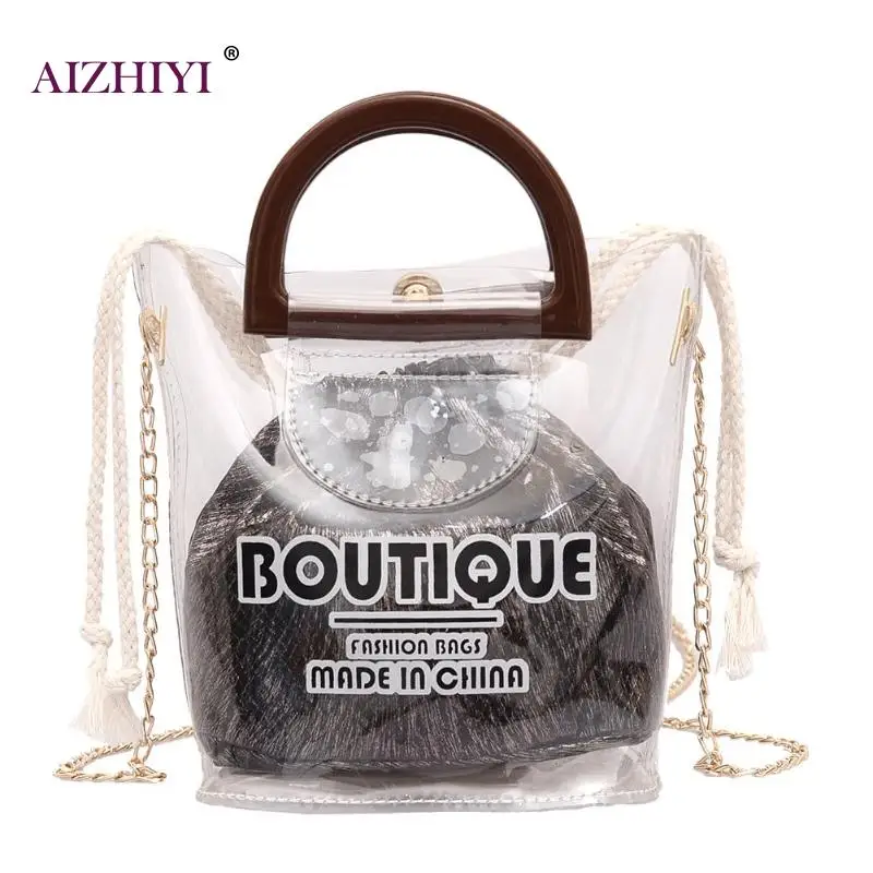

Fashion Girls Transparent Chain Crossbody Messager Bags Women Drawstring Clutch Shoulder Travel Bucket Handbags
