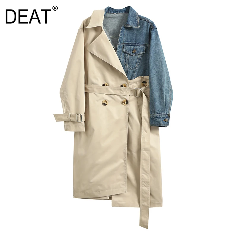 

[DEAT] 2018 New Autumn Winter Lapel Long Sleeve Khaki Hit Color Denim Stitching Loose Sashes Windbreaker Women Fashion Tide JH63