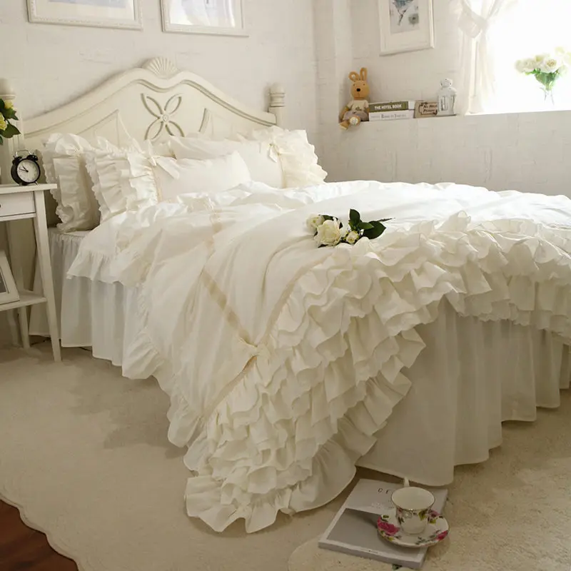 - Embroidery Luxury Bedding Set Beige Lace Cake Layers Ruffle Duvet Cover Quality Fabric Bed Sheet Bedspread Elegant Bed Skirt