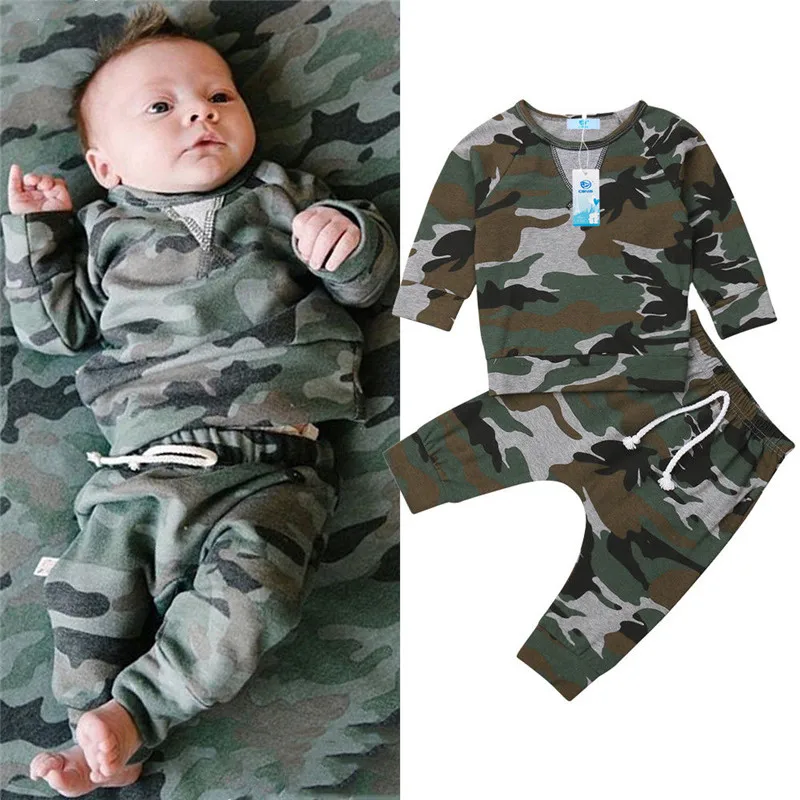 

Fashion Newborn Baby Girl Boy Camo Outfits Long Sleeve Pullover Sweatshirt Lace-up Pants 2Pcs Autumn Clothes Tracksuits 0-24M