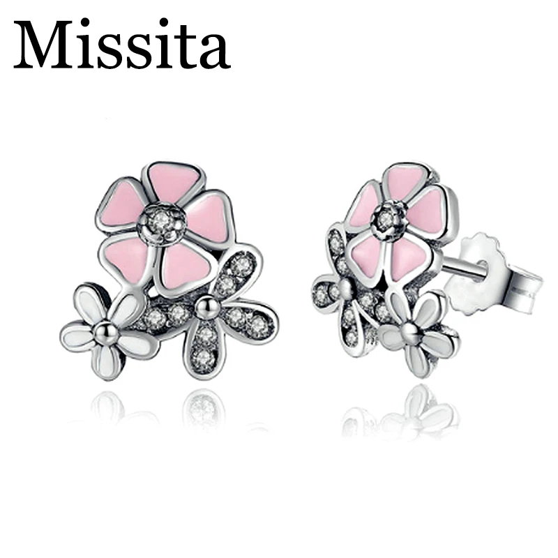 

Cuteeco Cute Silver Pan Earrings Poetic Daisy Cherry Blossom Stud Earrings CZ Pink Flower For Women Wedding Earrings