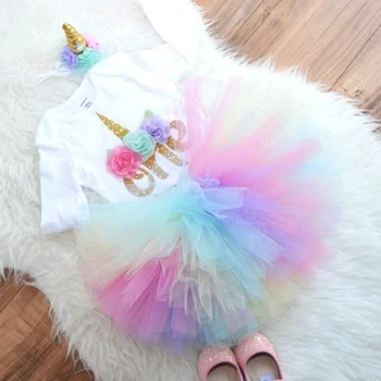 

Newborn 0-24M Baby Girl 1st Birthday Colorful Unicorn Romper Rainbow Tulle Skirt 3PCS Outfits Set