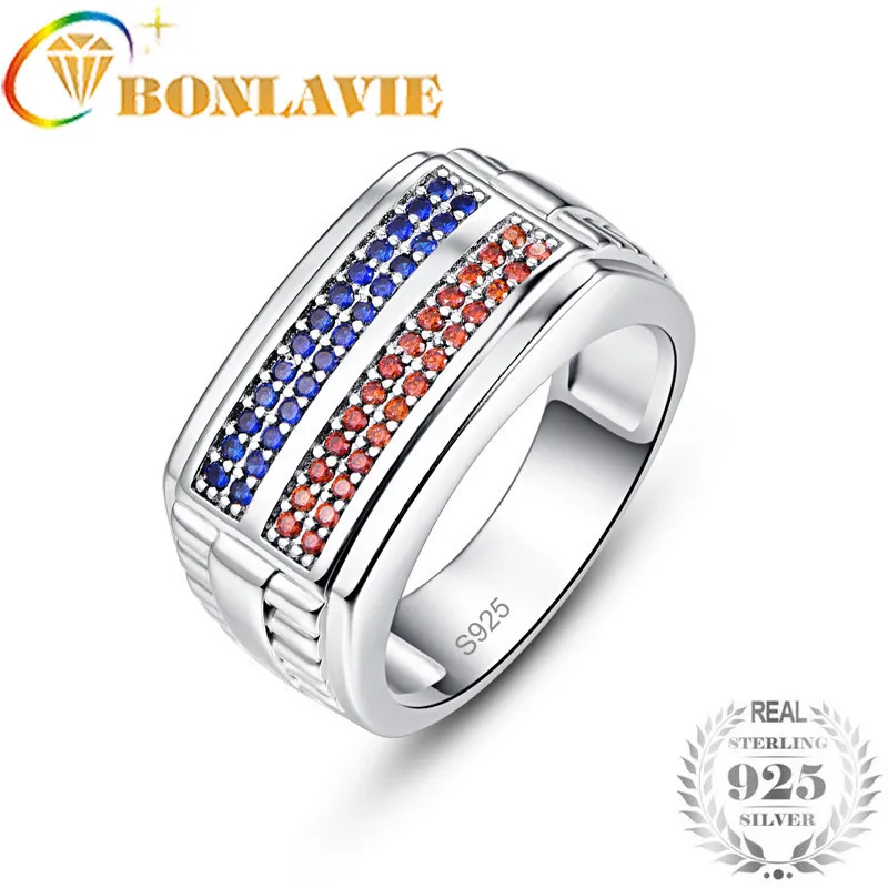 

BONLAVIE Fashion 925 Sterling Silver Finger Ring Blue Red Cubic Zircon Stone 2018 Unique Design For Women Wedding Gift Jewelry