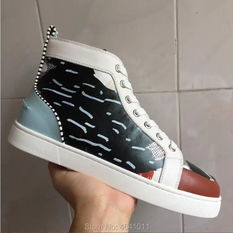 

High top Shoes cl andgz Lace Up Black Cloth Cow Leather Without Rivets Red bottom For men Shoes sneakers Flat Loafers 2018
