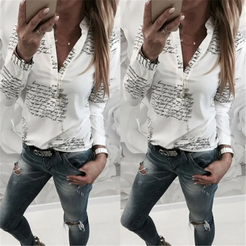 

women plain vogue letters white shirts blouse female casual long sleeve v neck button fashion blouses shirt tops femme