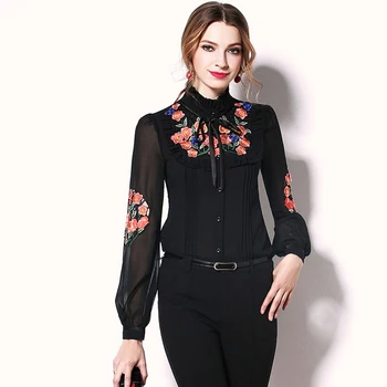 

black floral silk chiffon office blouse womens tops and blouses 2019 elegant vintage sexy boho long sleeve plus size palace