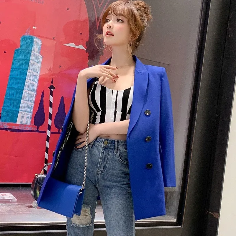Turn-down collar Pocket Blazer Coat Women Ruched Sleeve Black Suit Blazer OL Slim Spring Outerwear