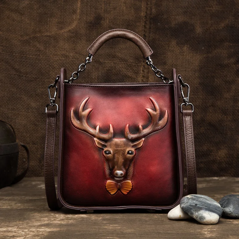 Натуральная кожа для женщин Топ Ручка Crossbody сумка ретро олень узор Винтаж Tote