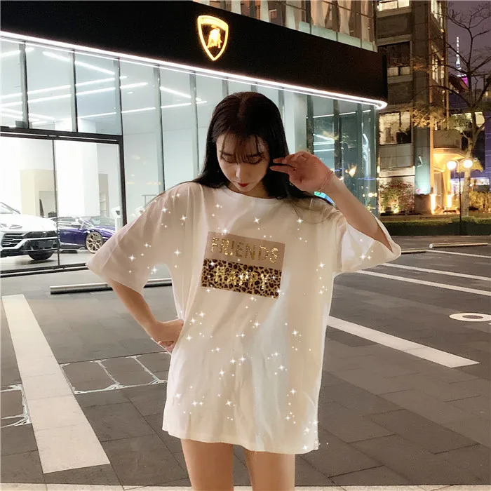 Half Sleeve T Shirt Womens Summer Korea Fashion Leopard Letter Printed Round Neck Female T Shirts 2019 Black Bright Casual Tops