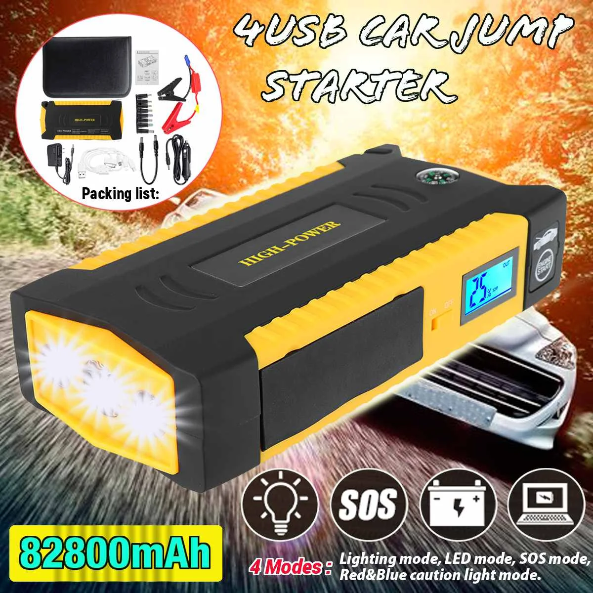 

82800mAh Newest Multifunctional Portable Car Jump Starter Car Battery Booster Charger 4USB Power Bank Starting Device 12V 600A