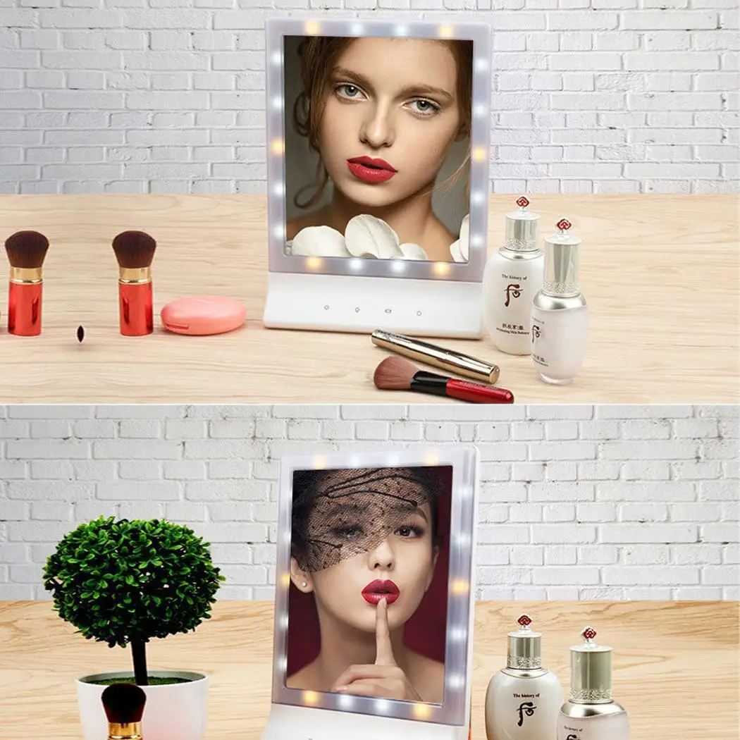 

LED Light Cosmetic Touch Screen Portable Desktop Makeup Mirror 4 x AAA battery(not included) USB Charging
