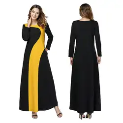 Абая мусульманских для женщин длинное платье Контрастность Цвет лоскутное Макси Ближний Восток трикотажные одеяние кафтан повседневное
