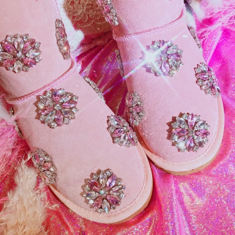 Cristales De As Las Real Nieve Invierno Zapatos Para Botas Bajo Lujo Diamante Photo Piel Rodilla Flor La Señoras Mujeres Tacón Mujer PwdqdH