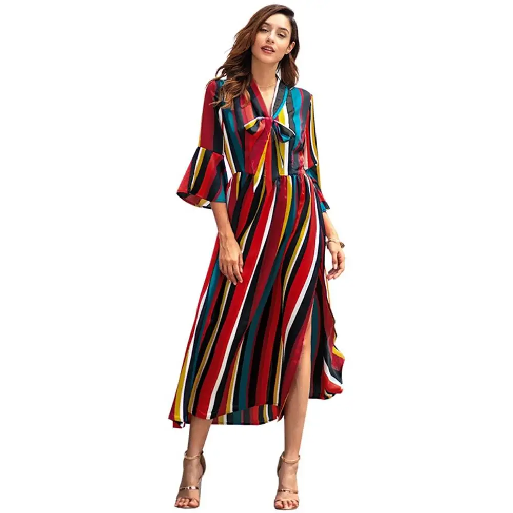 2019 spring new long-sleeved rainbow striped split midi dress | Женская одежда