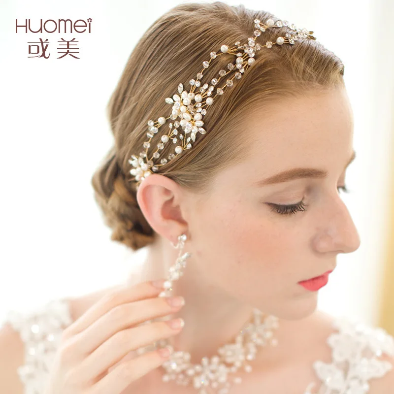 

NPASON 2019 Trendy Bride Hair Jewelry Goods In Stock Bride Ornaments Bride Headwear Hair Band Golden Headwear Earring Suit E304