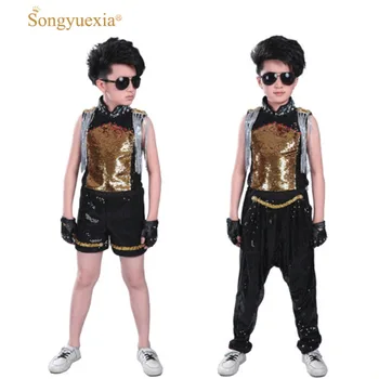 

Children Model Tassels Street costumes Kids Sequin Hip Hop Clothing Clothes for Girls Jacket Crop Tank Tops Shirt Shorts Jazz