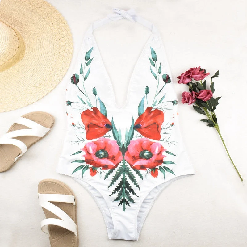 Women's Sexy Deep V Bikini Flower One Piece Set Monokini Backless Swimwear Swimsuit Beachwear | Спорт и развлечения