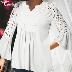 Celmia для женщин Блузы с кружевной строчкой Лето 2019 г. Туника Топы корректирующие V образным вырезом с расклешенными рукавами женская рубашка