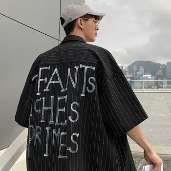 

2019 Summer Men Casual Loose Doodle Letter Printing Vertical Stripe Turn-down Collar Short Sleeve Black/white Shirt Homme M-XL