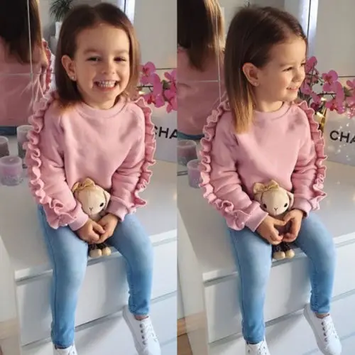 

2019 UK 2PCS Toddler Kids Baby Girls Ruffle Tops Denim Pants Winter Outfits Clothes