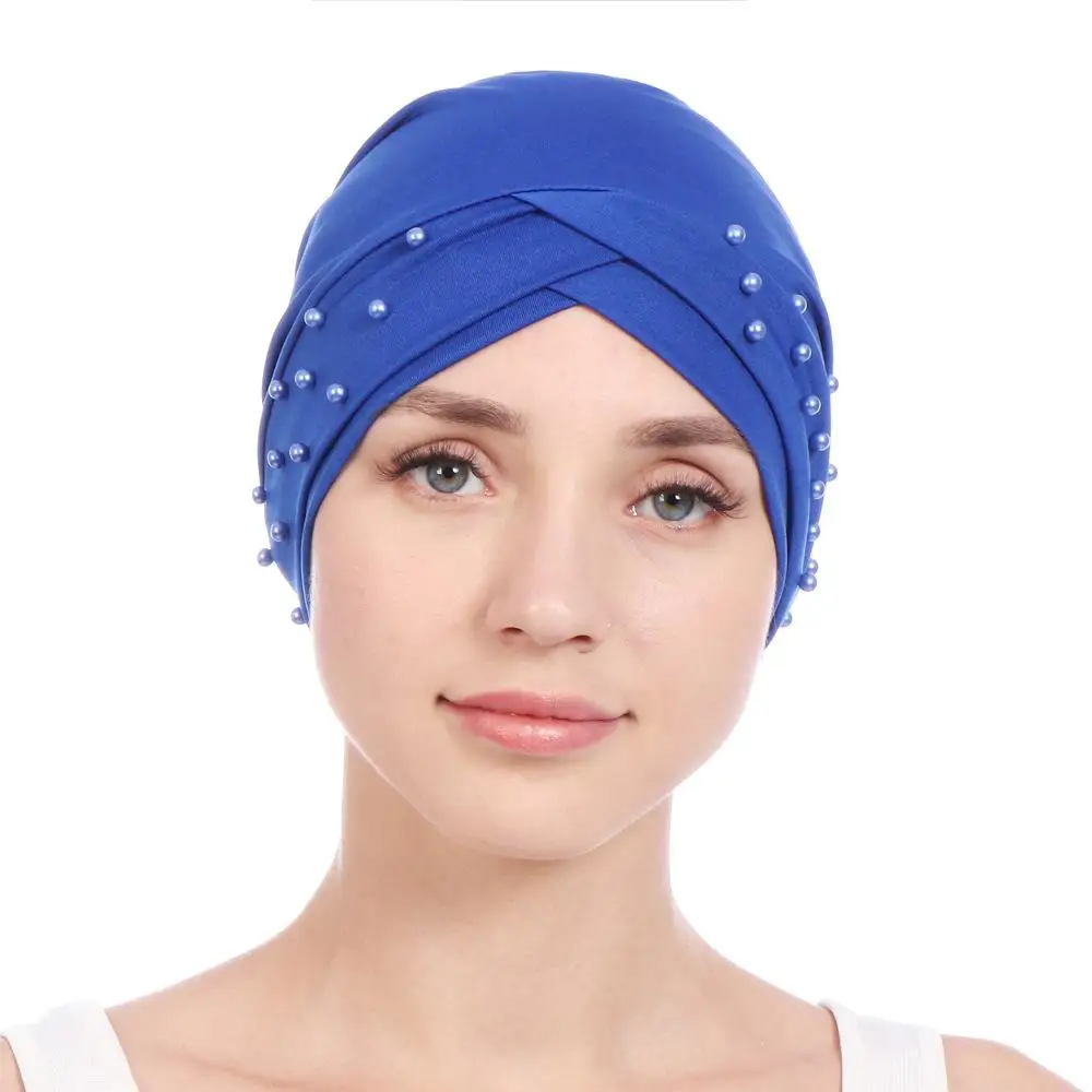 

1PC New Women Elastic Turban Hat Muslim Hijab Islamic Beads Cancer Chemo Cap Ladies Hijab Stretch Head Wrap Head Scarf Hair Loss