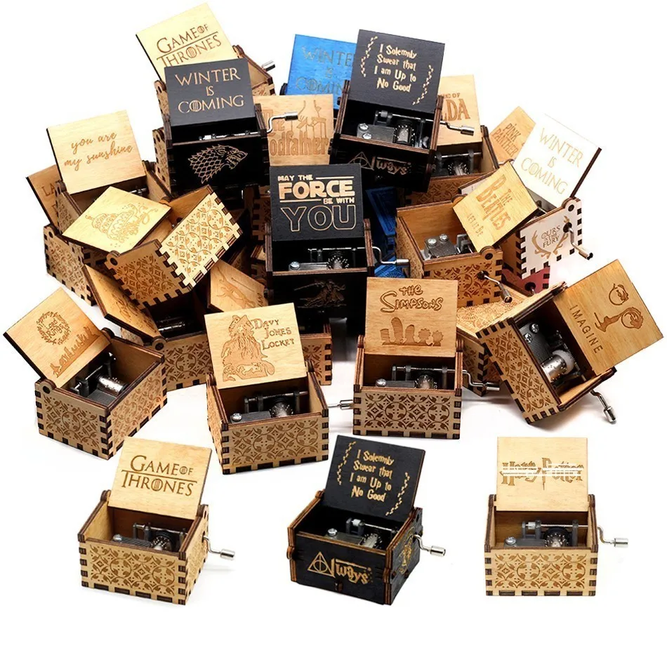 

New Wholesale Antique Carved Wooden Hand Crank Star Wars Game Of Thrones Music Box Birthday Gift Casket Anonymity Decoration
