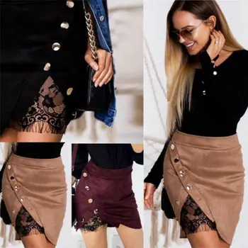 

2019 Women Short Bodycon Skirts Lace Up Suede Leather Pocket Preppy Mini Skirts
