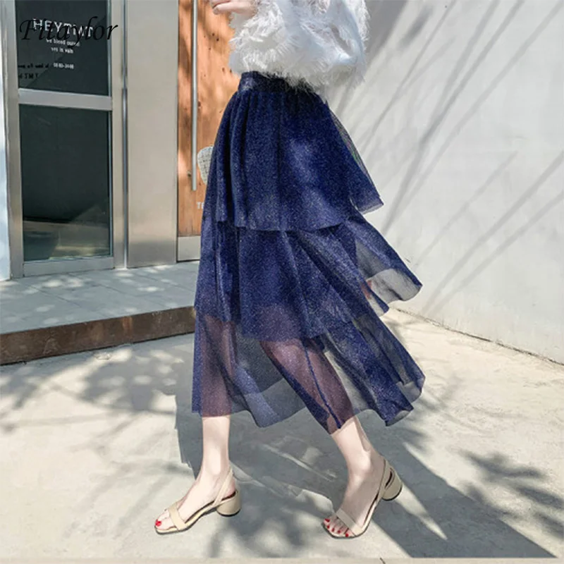 

Fitaylor Women Ball Gown Skirt Women New High Waistline Multi-level Bright Silk Cake Skirt Femme Vintage Long Skirts