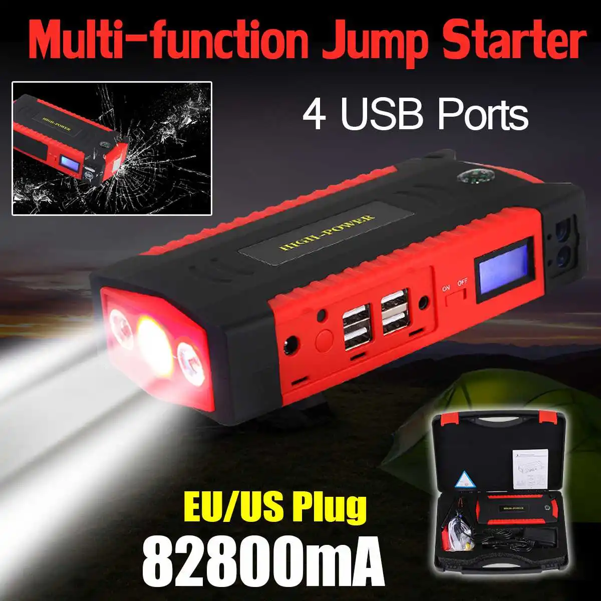 Car Battery Charger Portable 82800mAh 12V LCD 4USB Car Jump Starter Device Booster Charger Battery Power Bank LED Flashlight