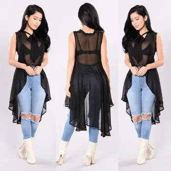 

Fashion Women;s Sleeveless Loose Blouse Casual Shirt Summer Sheer Tops Long Irregular Perspective Shirt Blouse
