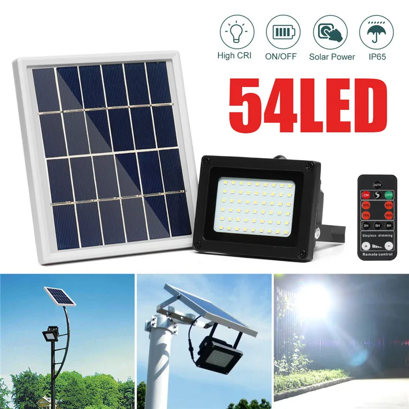 

New 10W Solar Light Light Control + Manual/Remote Control 54LED Floodlight Solar Power With Solar Panels For Garden Solar Light