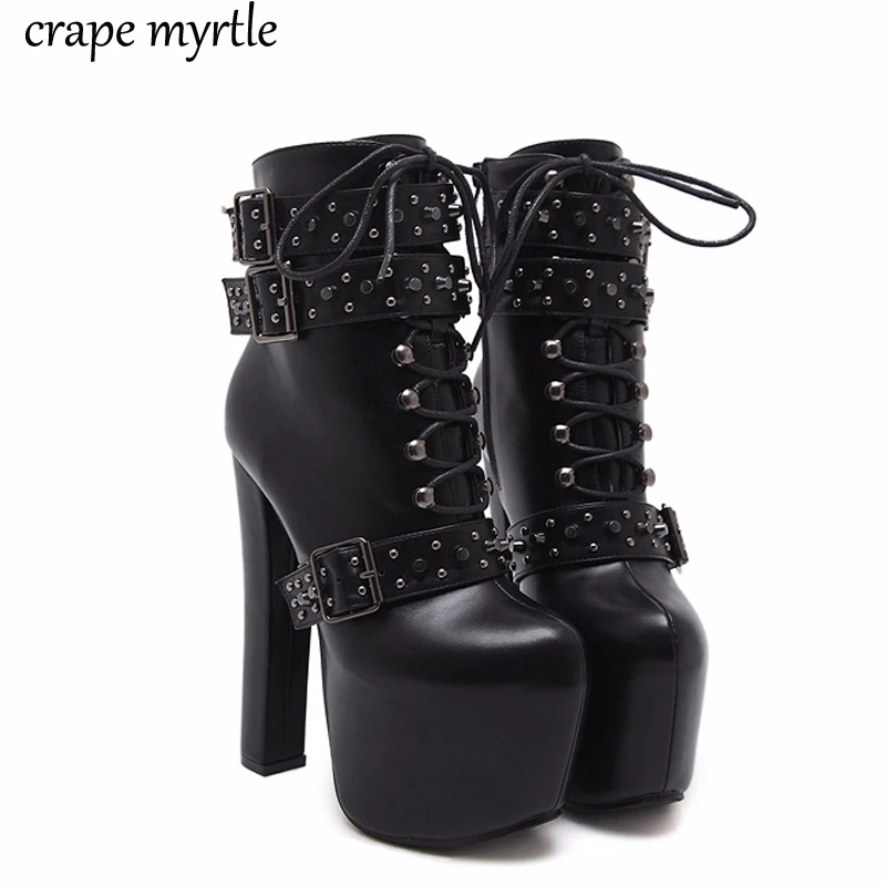 

lace up Boots 2020 Fashion Thick Heel Ankle Boots Women High Heels Autumn Winter Woman Shoes rivet boots platform shoes YMA405