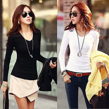 

Women Basic Plain Round Crew Neck Tee Shirts Stretch Long Sleeve Top T-Shirts