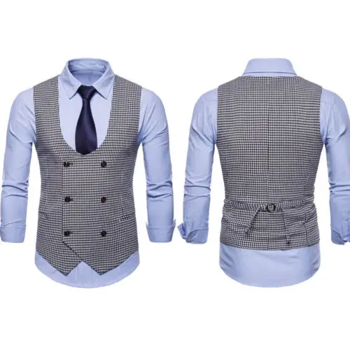 Latest Double-Breasted Slim Men Vest Check Cotton Gentleman Formal Waistcoats Tuxedo Wedding Casual Coat Plus Size | Мужская одежда