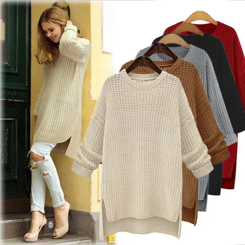 

2019 Women Sweater Long Knitted Sweaters Autumn Winter Warm Casual Long Sleeve Asymmetric Jumper Loose Pullover Tops Pull Femme