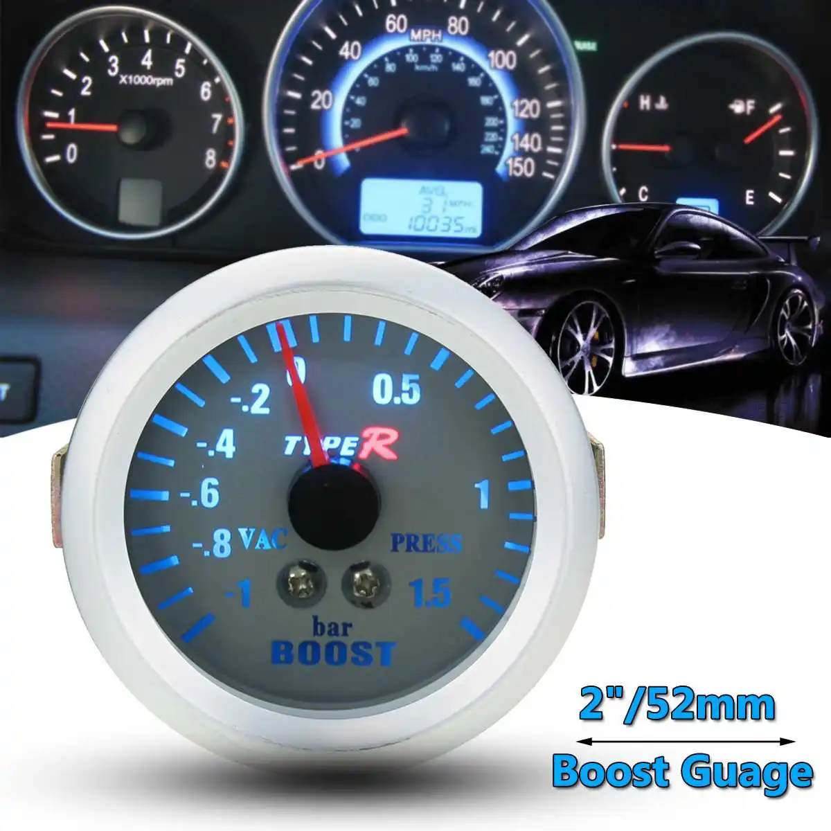 

2 inch 52mm White Blue Phantom for Pointer Turbo Boost Vacuum Meter Gauge -1 1.5 BAR 12V
