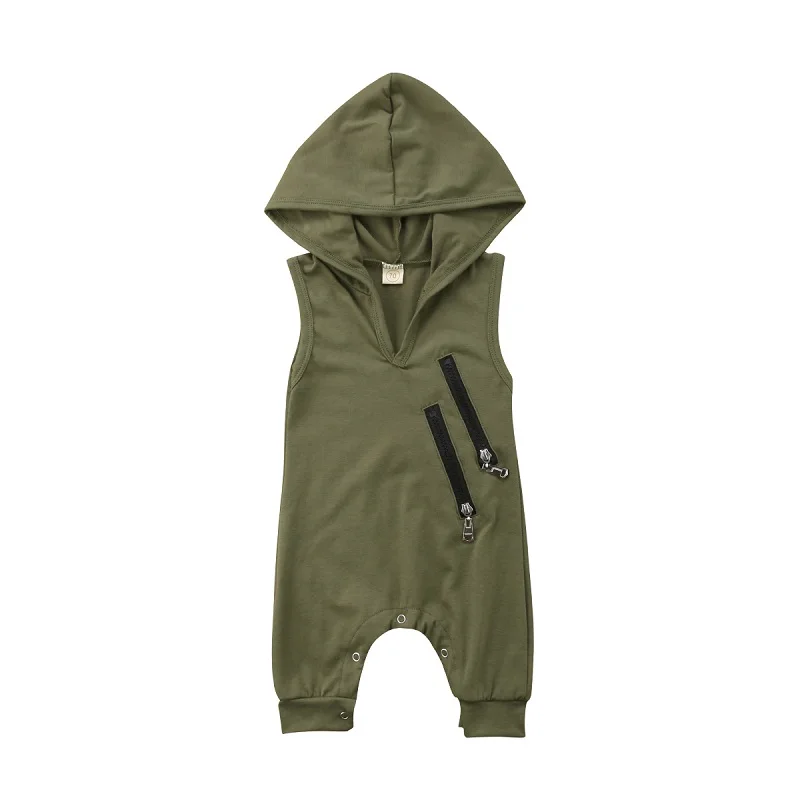 

Emmababy Hot Selling Lovely Baby Boys Sleeveless Rompers Army Green Hooded Rompers For Baby Boys Casual Jumpsuit Outfit Clothes