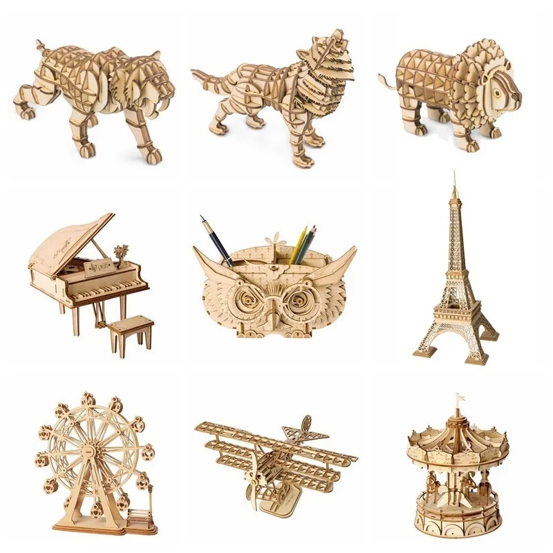 Robotime 9 Kinds DIY 3D Wooden Animal&Building Puzzle Game Assembly Toy