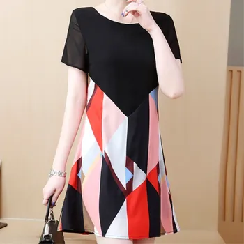 

L-5XL Pus Size Patchwork Ladies Mini Dress Spring Summer O-Neck Short Sleeve Party Dresses