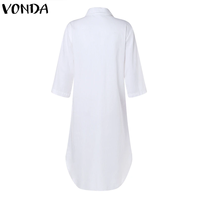 VONDA Women Cotton Mid-calf Dress 2018 Autumn Spring Casual Lapel Long Sleeve Pockets Striped Splice Asymmetric Split Vestidos