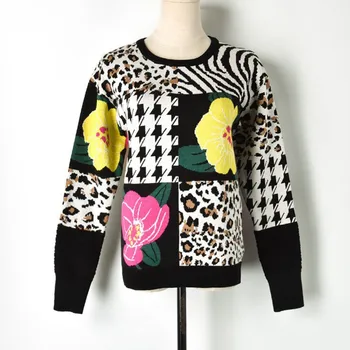 

Runway Sweater Women Jumper Plaid Patchwork Flower Jersey Knitted Pullover Long Sleeve Casual High Street Elegant Sweaters