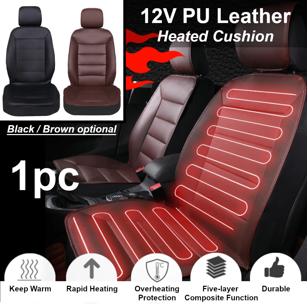 

12V 35W PU Leather Car Front Seat Heated Cushion Seat Warmer Winter Household Cover Electric Heating Mat