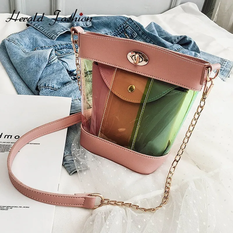 

Herald Fashion Women Clear Bucket Messenger Bag Transparent Chain Female Shoulder Bags Casual Ladies' Summer Beach Crossbody Bag