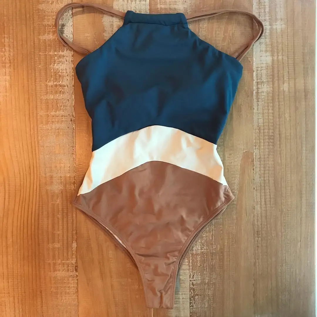 2019 Patchwork One Piece Swimsuit Swimwear High Neck Bodysuit Bathing Suit Women Piece Swimwear Beach Wear Monokini