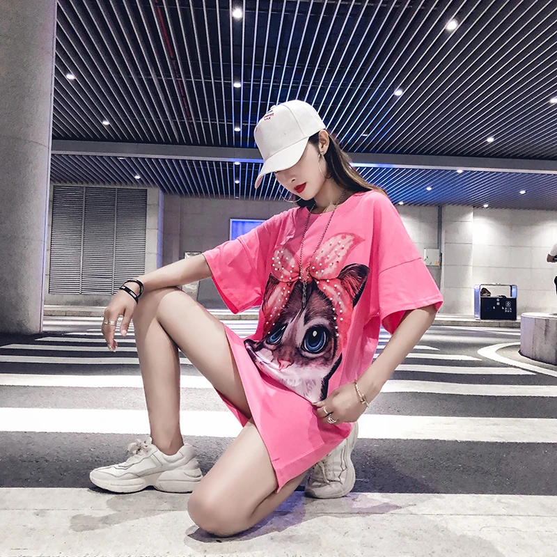 Women Loose Pearl Beading Short Sleeve Tee Shirt Funny T-shirt 3d Cat Print 2019 Plus Size T Fashion Casual Harajuku Tops | Женская